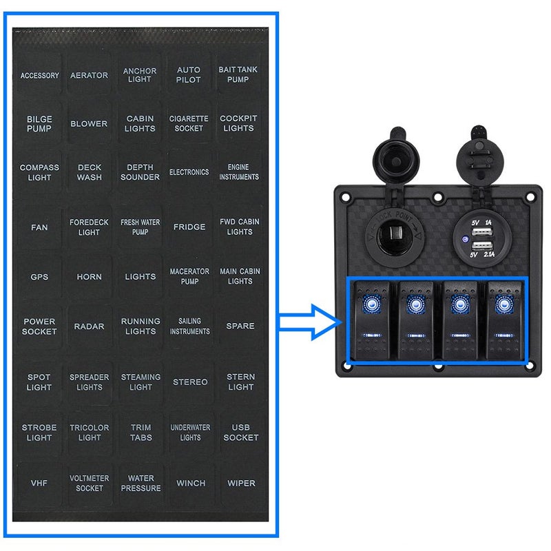 BUNKER INDUST Set of 2 Decal Sticker Label Sheet for Caravan Marine Boat Dash Board Instrument Rocker Switch Circuit Panel GPS Horn Light,Black(45 Pcs Each) - Image 3